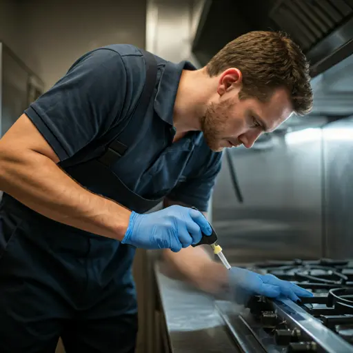 Pest control technician in kitchen